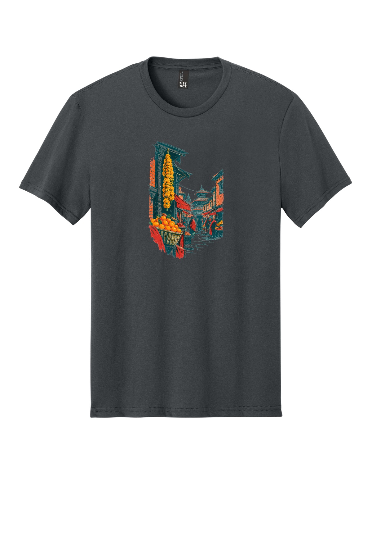Kathmandu Market Lane on a Charcoal flat T-shirt