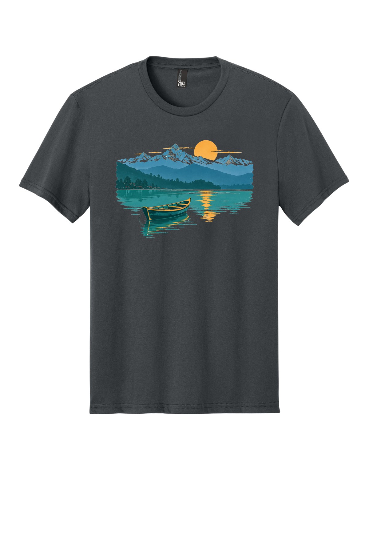 Pokhara Lake Morning on a Charcoal flat T-shirt