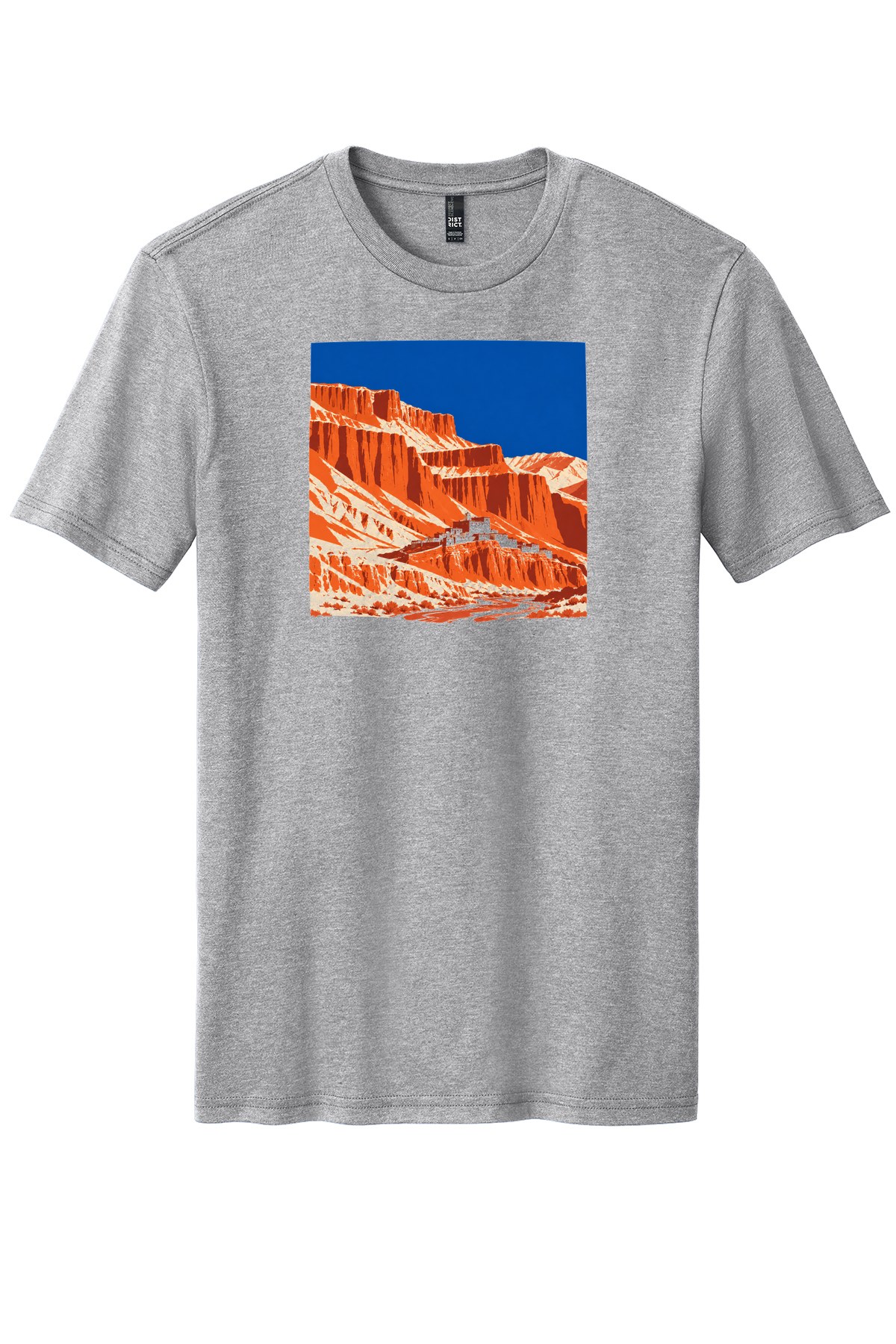 Mustang Red Cliffs on a Light Heather Grey flat T-shirt