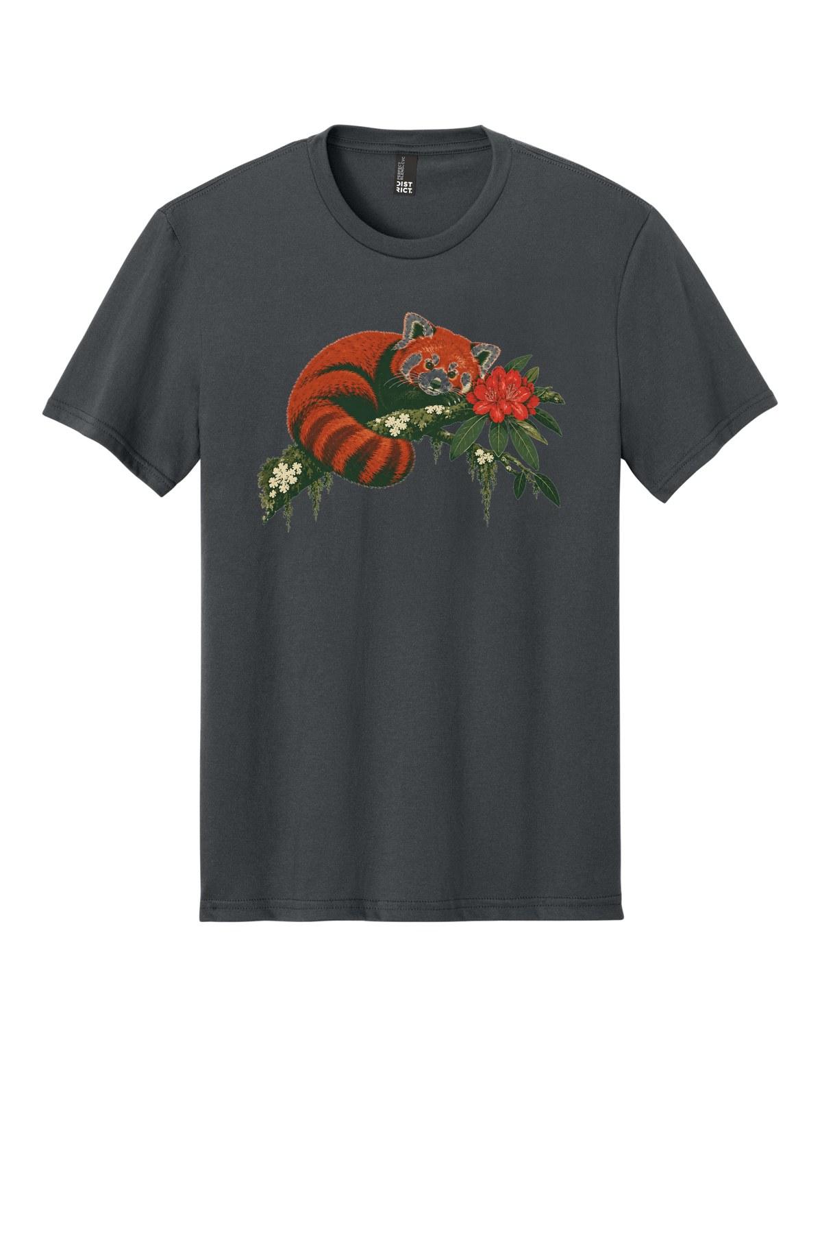 Red Panda in Rhododendron on a Charcoal flat T-shirt