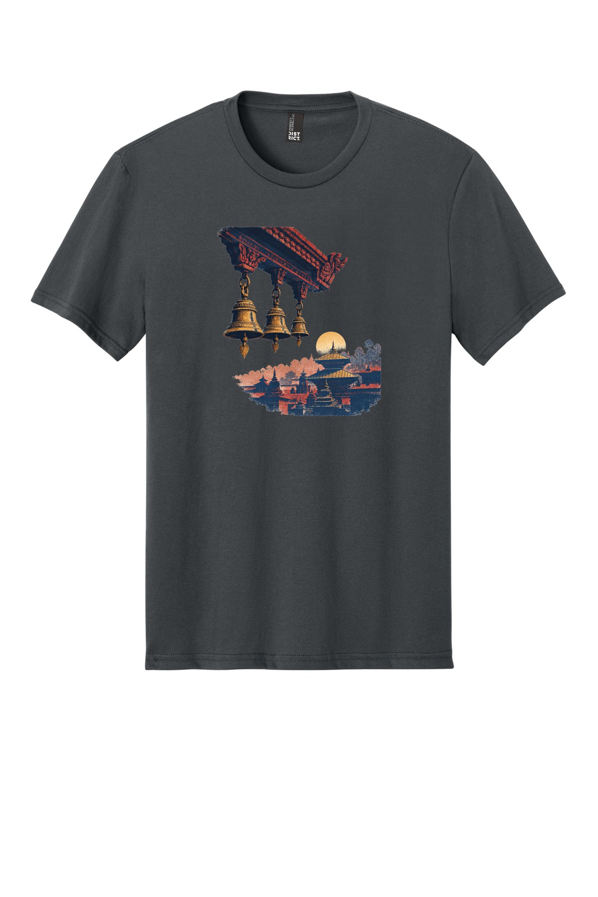 Pashupatinath Morning Bells on a Charcoal flat T-shirt