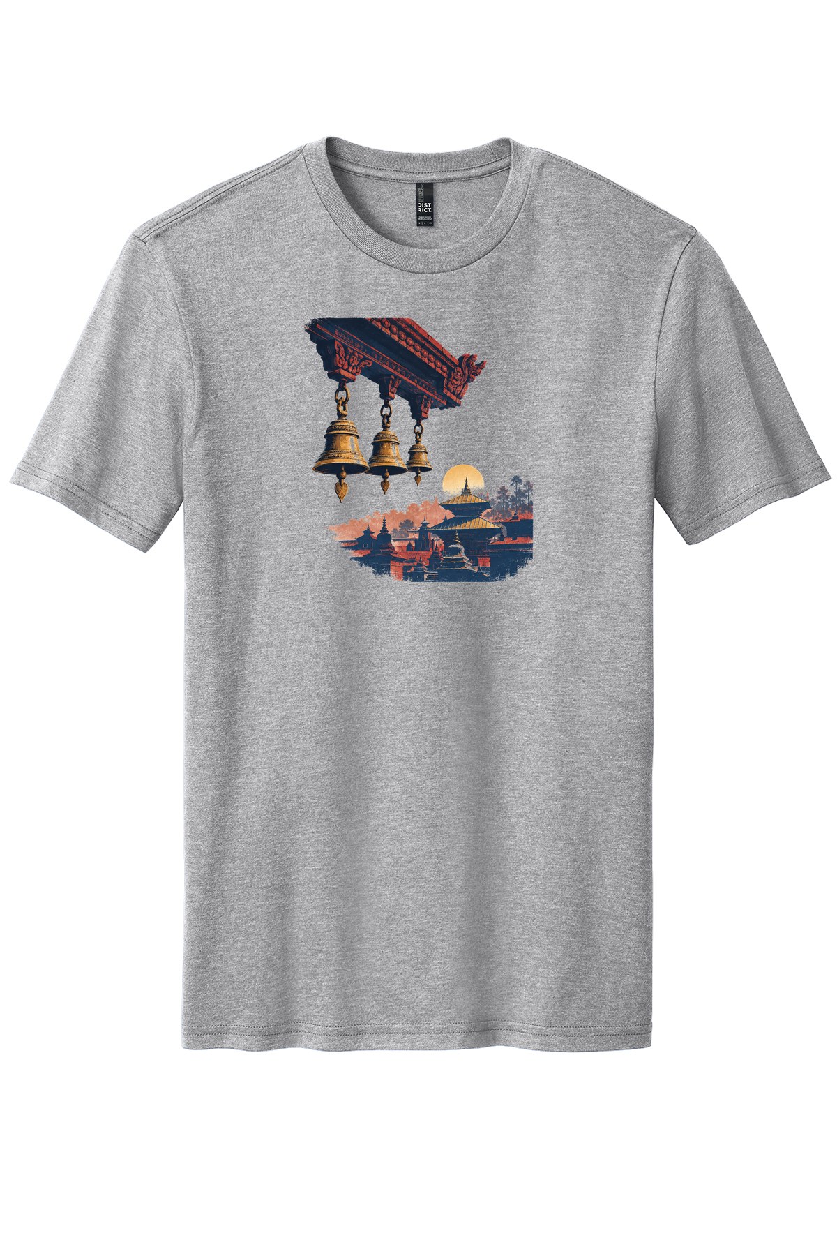 Pashupatinath Morning Bells on a Light Heather Grey flat T-shirt