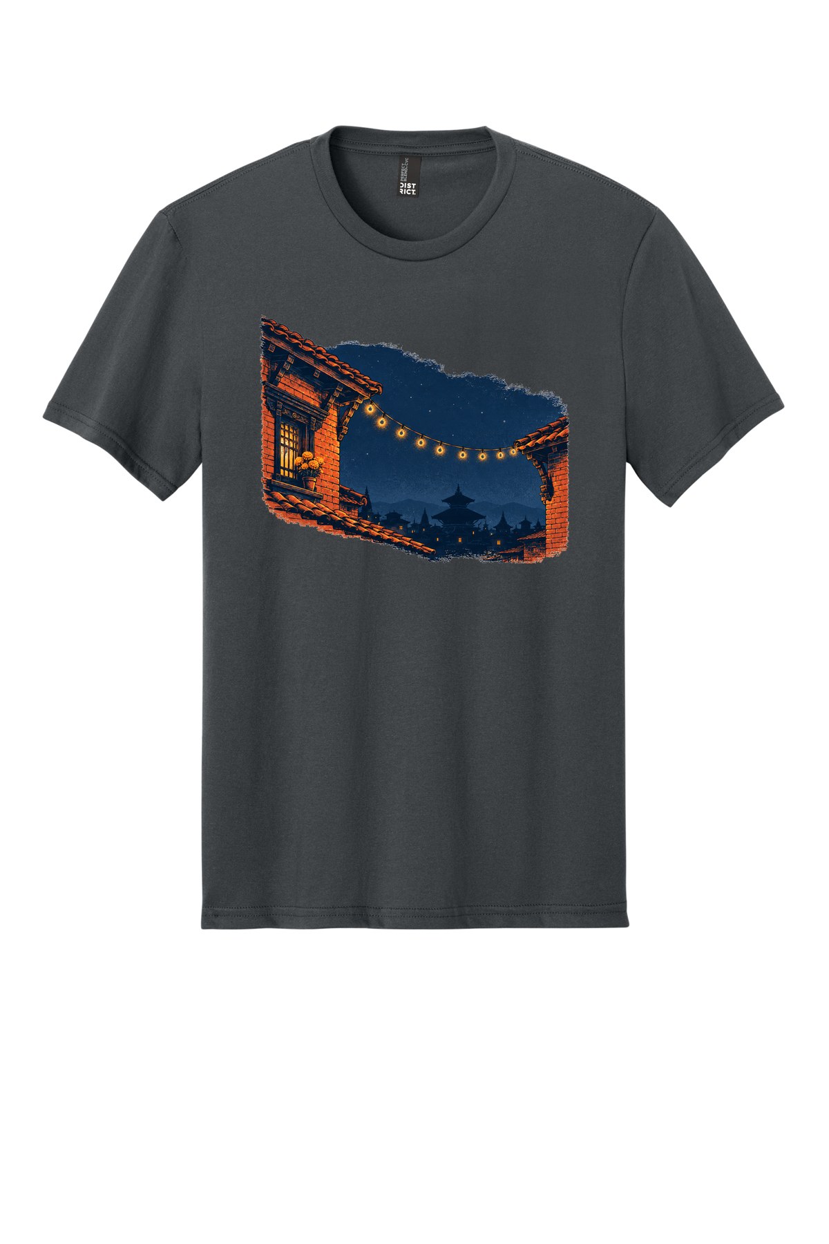 Tihar Rooftop Lights on a Charcoal flat T-shirt