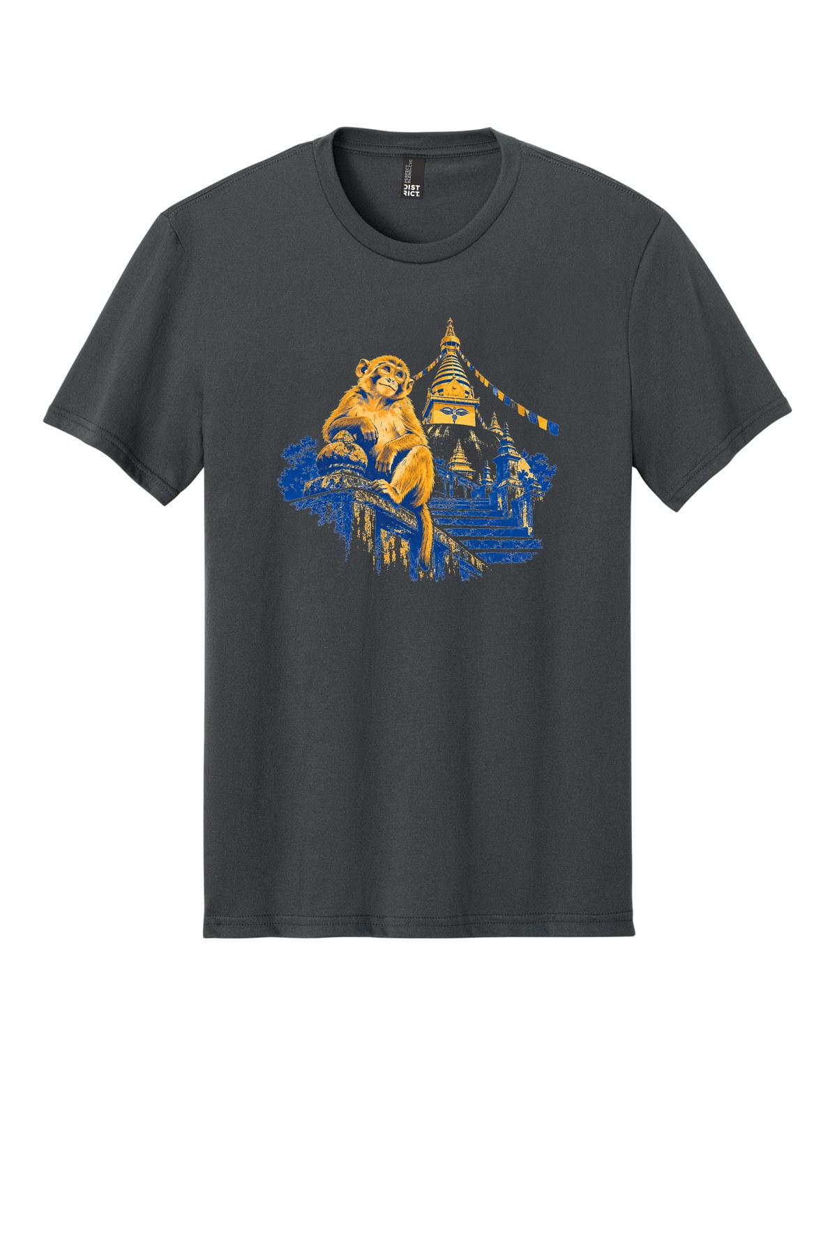 Swayambhu Stair Monkey on a Charcoal flat T-shirt