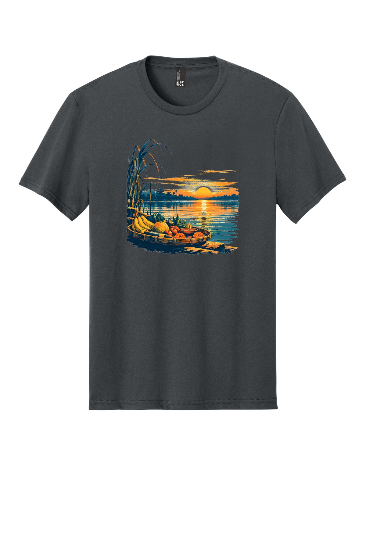Chhath Sunrise Offering on a Charcoal flat T-shirt