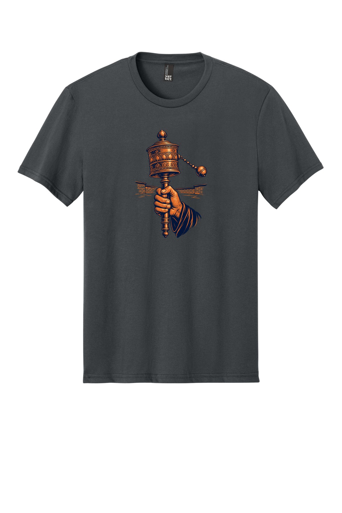 Courtyard Prayer Wheel on a Charcoal flat T-shirt